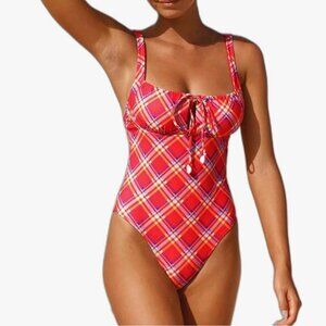 RED BLAID ONE-PIECE SWIMSUIT SIZE S